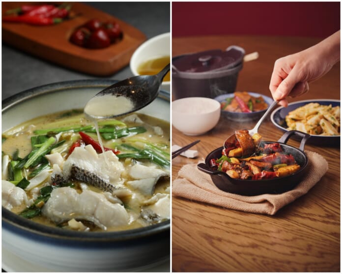 「開飯川食堂」常態菜色—（左起）回甘酸菜魚、翻滾吧！肥腸。（饗賓餐飲事業提供）