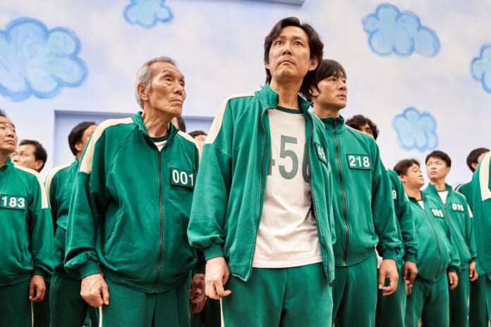吳永洙（左起）、李政宰、朴海秀以《魷魚遊戲》入圍艾美獎。（Netflix提供）