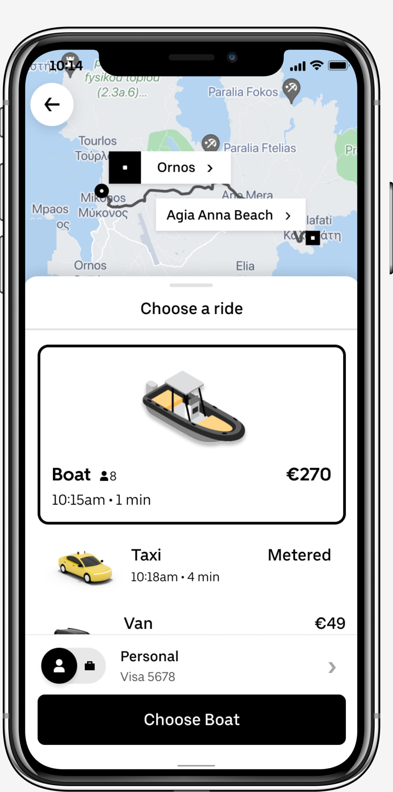 今年夏天，透過Uber App 預訂最多可容納8人的船前往希臘愛琴海著名的米克諾斯島。（Uber提供）
