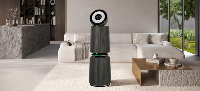 LG PuriCare 360度空氣清淨機最無論放在居家空間何處，都能達到360度強力淨化全室空氣，而二代的循環扇甚至全面提升，上層循環扇加下層的強力清淨風扇，可送出潔淨空氣遠達9公尺。（LG提供／古明弘台北傳真）