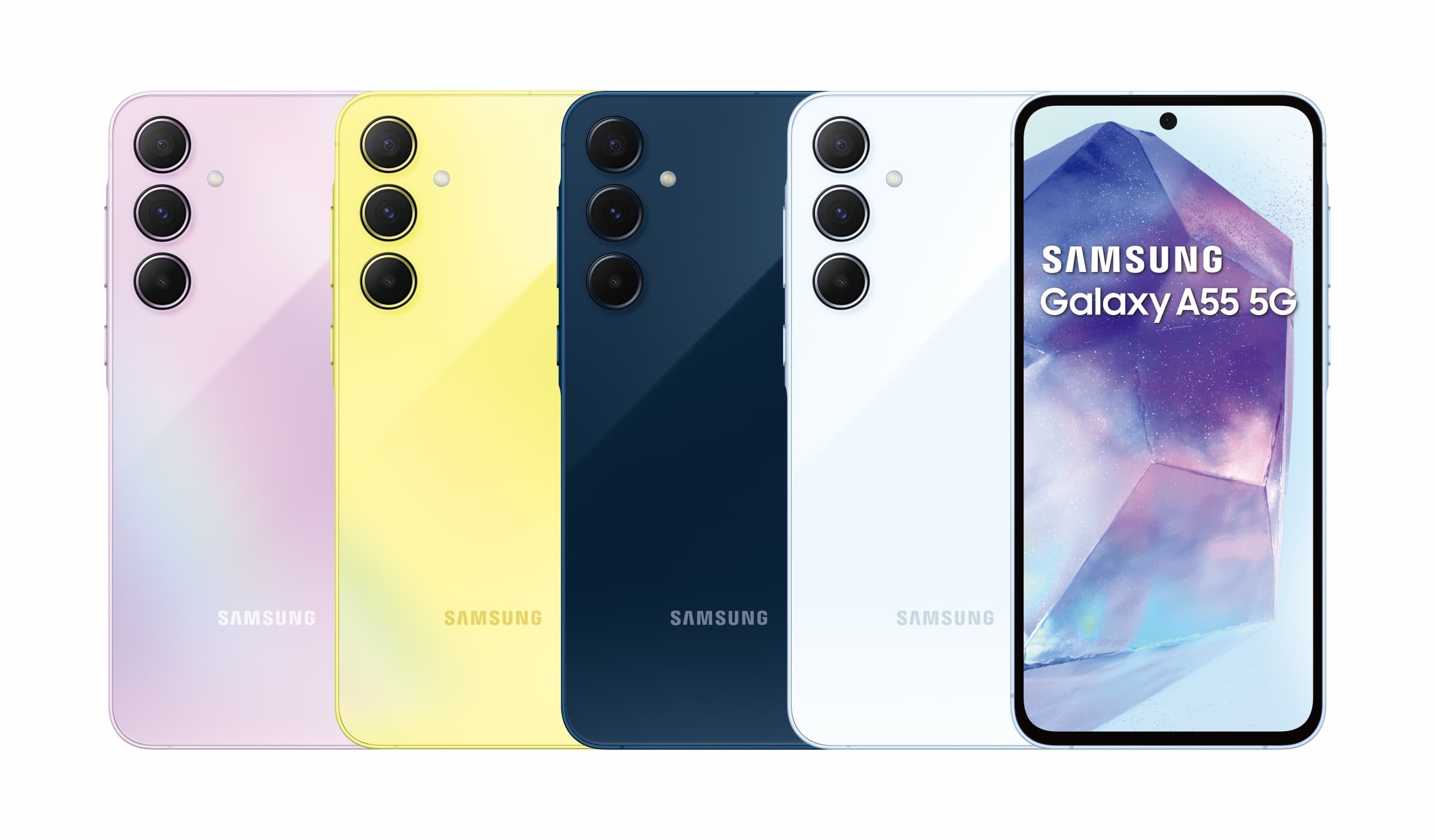 Galaxy A55 5G共推出雪沙紫、凍檸黃、冰藍莓、蘇打藍共4款顏色，建議售價1萬4990元起。（三星提供／古明弘北傳真）
