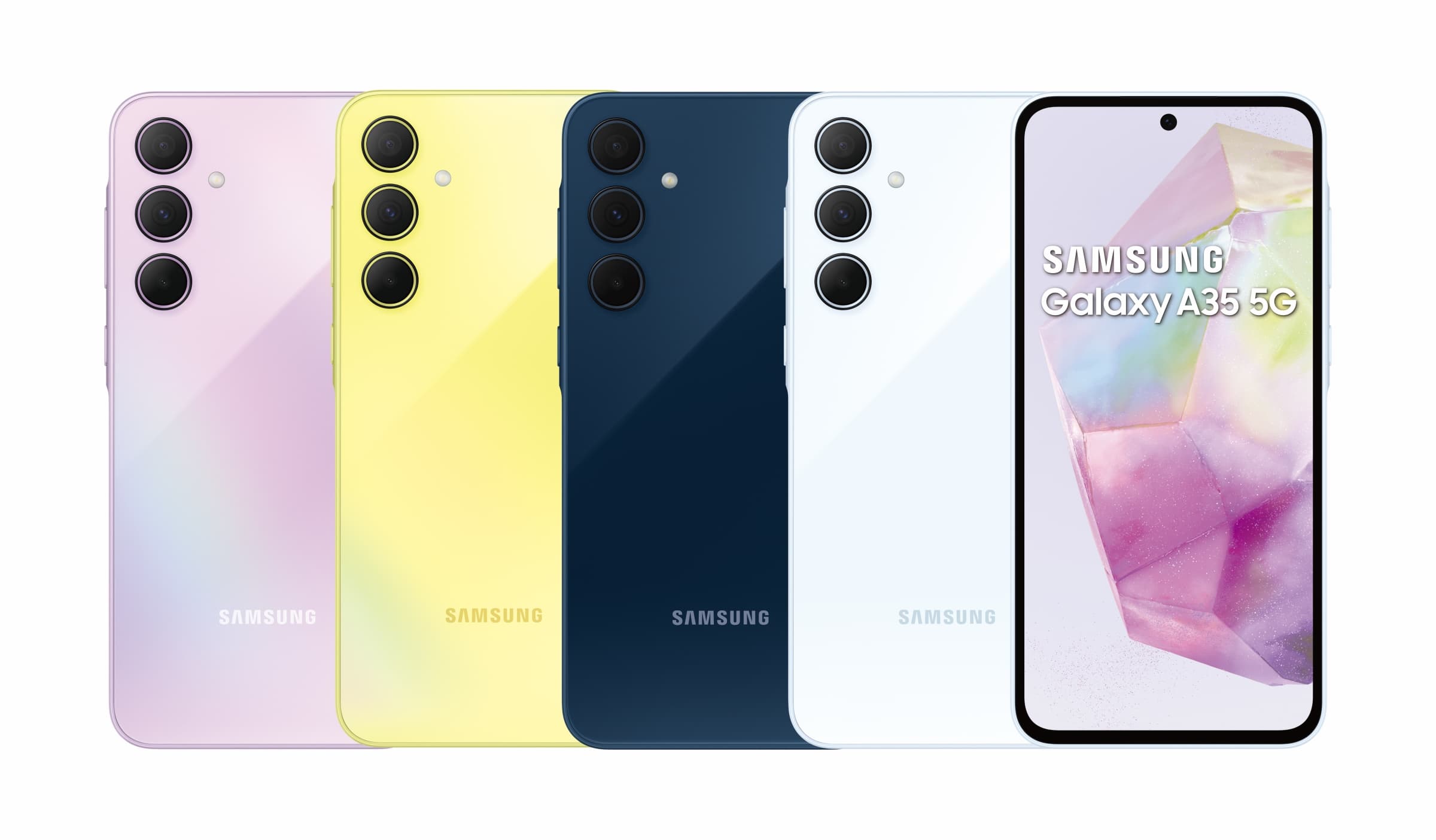 Galaxy A35 5G共推出雪沙紫、凍檸黃、冰藍莓、蘇打藍四款顏色，建議售價1萬1990元起。（三星提供／古明弘北傳真）